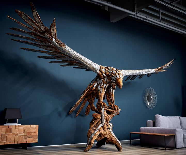 Holz-Adler silber auf Plattform 500x163x345 cm