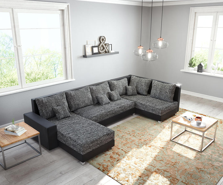 Wohnlandschaft Panda Schwarz Ottomane rechts Longchair links Modulsofa