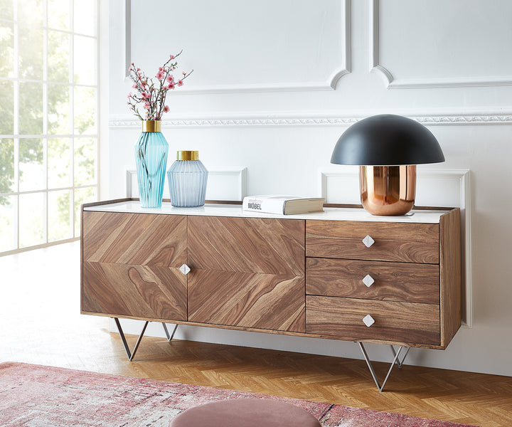 Sideboard Pacote 175 cm Sheesham Natur Steinplatte Weiß