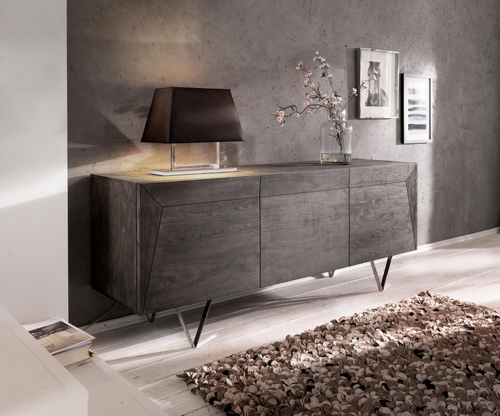 Design-Sideboard Wyomie 175 cm Akazie Platin 3D Optik oben Edelstahl