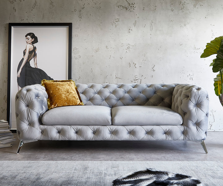 Couch Carol 225x97 cm Grau Samt 3-Sitzer Sofa