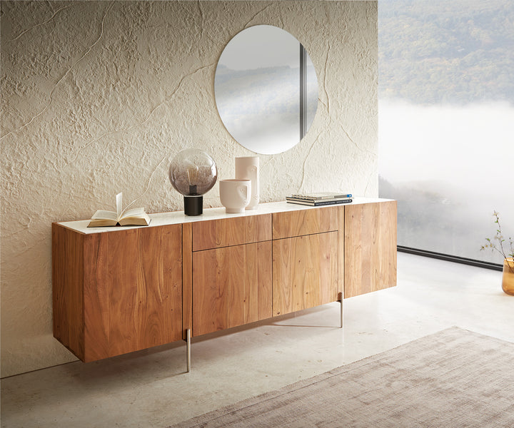 Sideboard Seneca 200 cm Akazie Natur 4 Türen 2 Schübe Marmor Füße Edelstahl