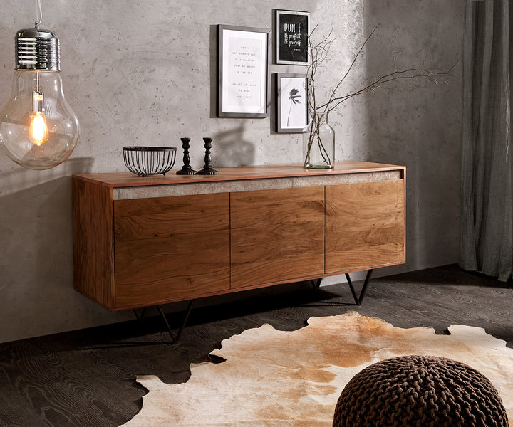 Sideboard Grace 175 cm Akazie Braun Schiefer 3 Türen V-Fuß Schwarz