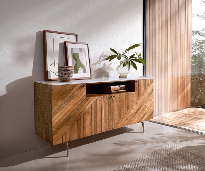 Sideboard Direto 145 cm Mango Teak 4 Türen 1 Fach Marmorplatte weiss Winkelfuß Edelstahl