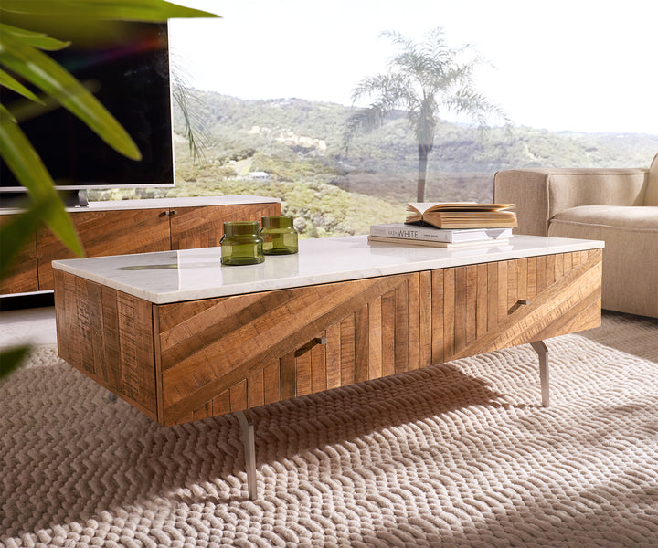 Couchtisch Direto 115x60 cm Mango Teak 2 Schubladen Marmorplatte weiss Winkelfuß Edelstahl