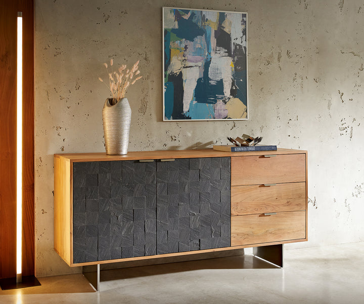 Sideboard Ardósia 147 cm Akazie Natur Schiefer 2 Türen 3 Schubfächer Fuß schwebend Edelstahl