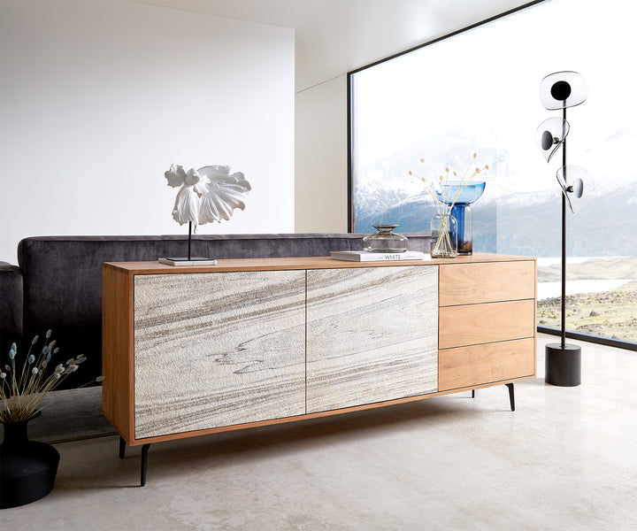 Sideboard Arenito 175 cm Akazie Natur 2 Türen 3 Schübe Winkelfuß Metall Schwarz